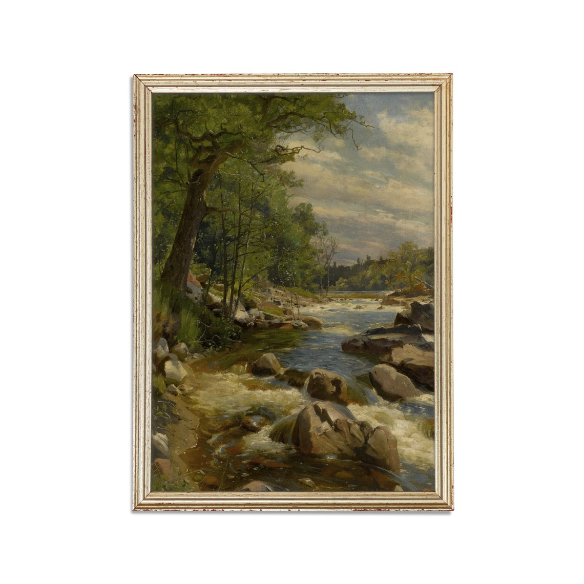 River Rapids Over Boulders Antique Vertical Forest Painting Poster - Image 2