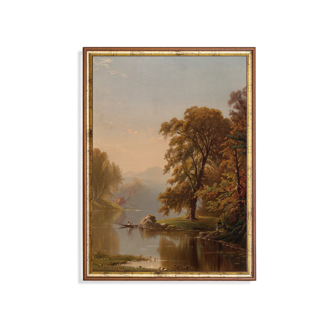Vintage Autumn River Canoe Calm Water Fall Landscape Painting Poster