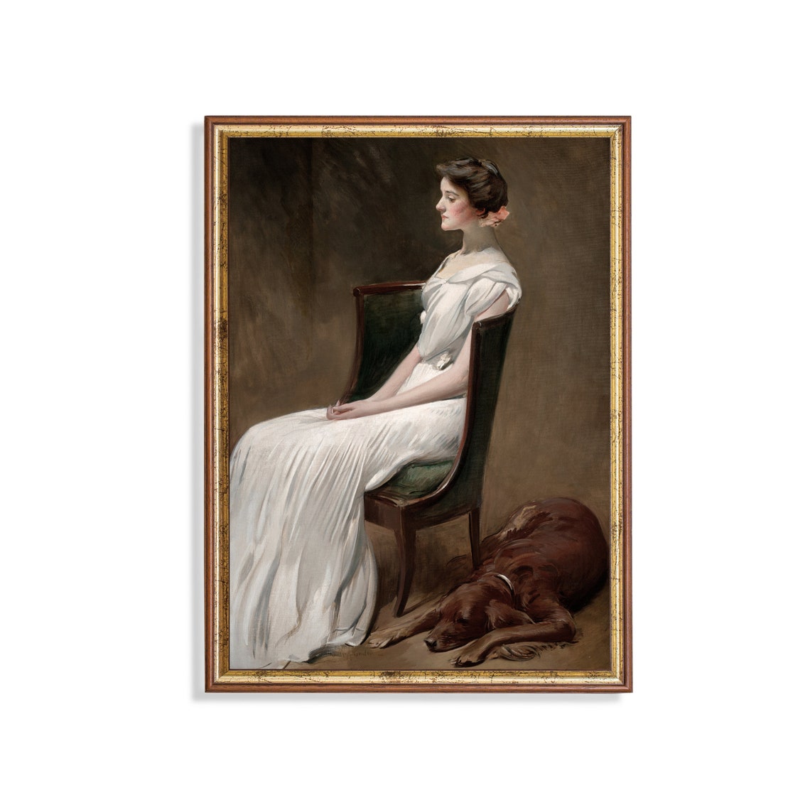 Elegant Woman in White Gown with Dog Antique Classic Portrait Print