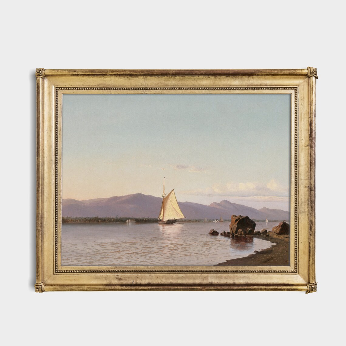 Lone Sailboat at Dusk on Still Water With Purple Mountains Poster - Image 3