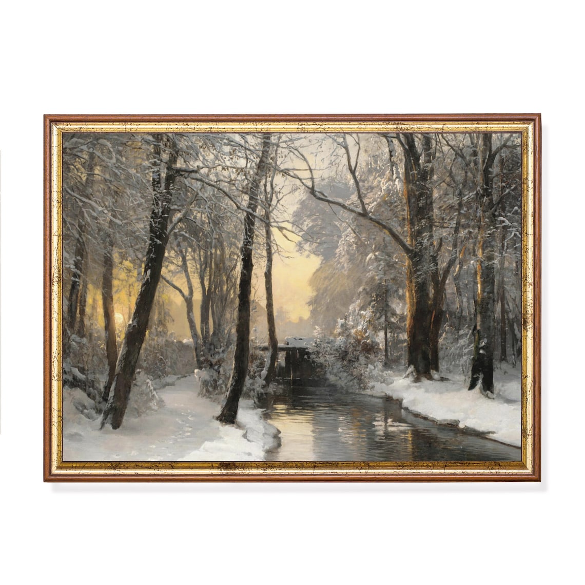 Snowy Forest Stream at Golden Hour Vintage Winter Woodland Poster