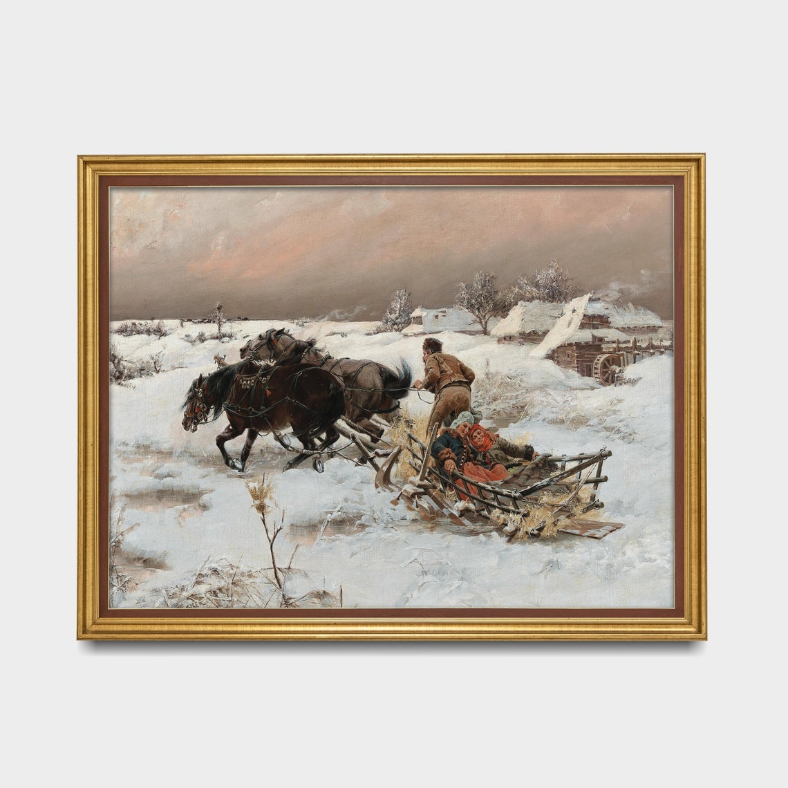 Two Horses Pulling A Wooden Sleigh Through Snow Vintage Winter Poster - Image 3