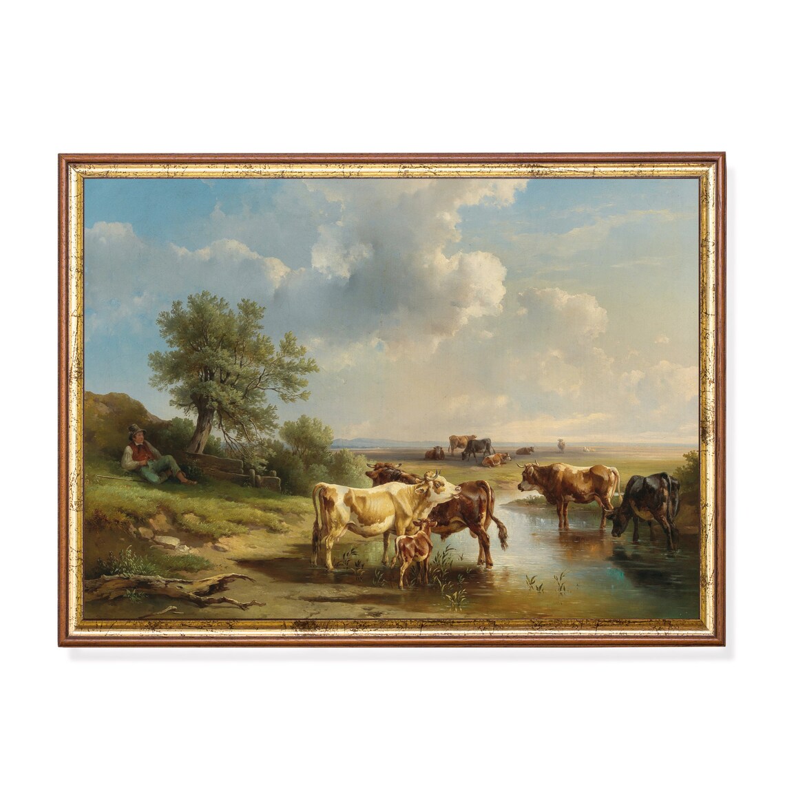 Cows Watering at a River Pastoral Scene Vintage Farm Painting Poster