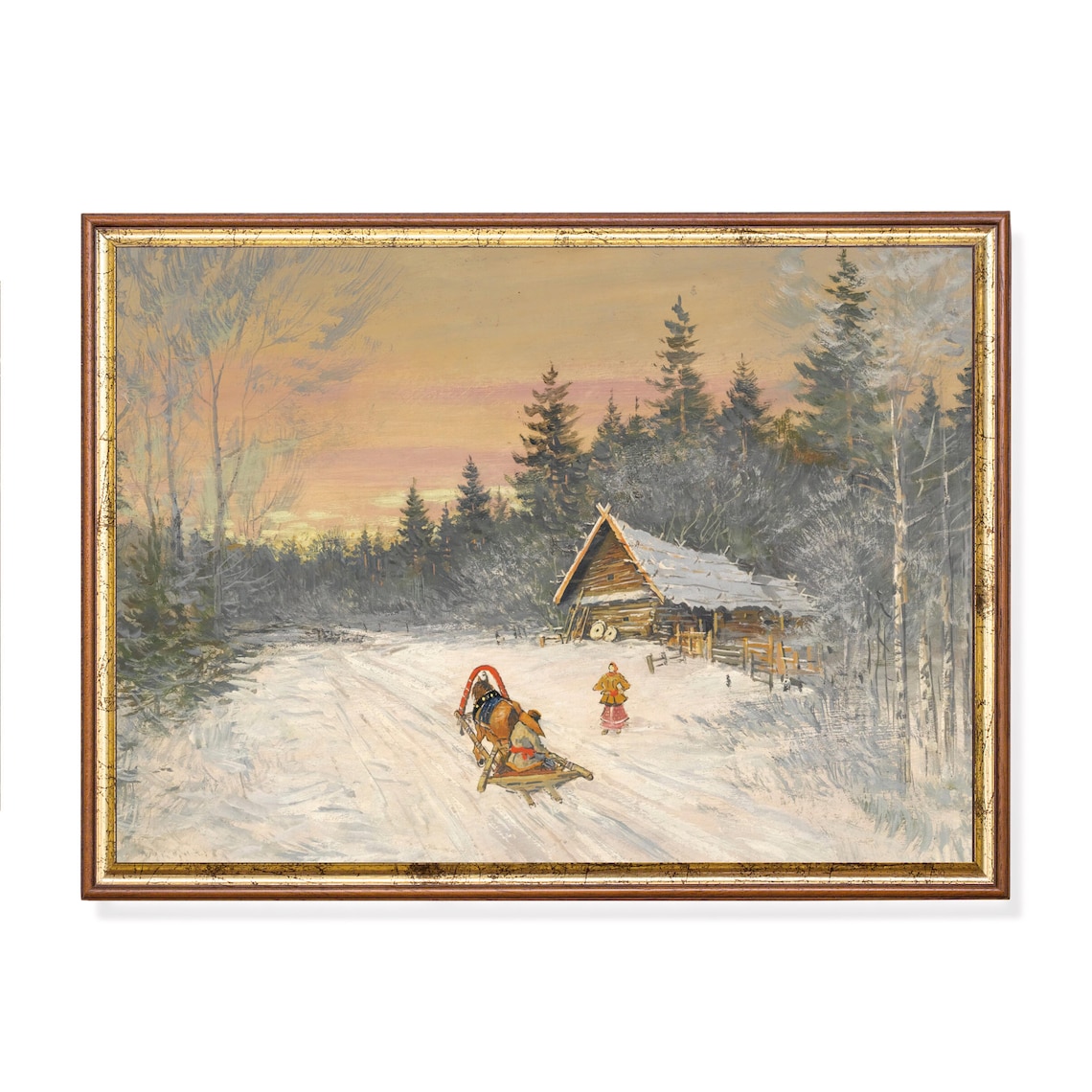 Horse Sleigh At Sunset Near A Wooden Cabin Vintage Winter Poster