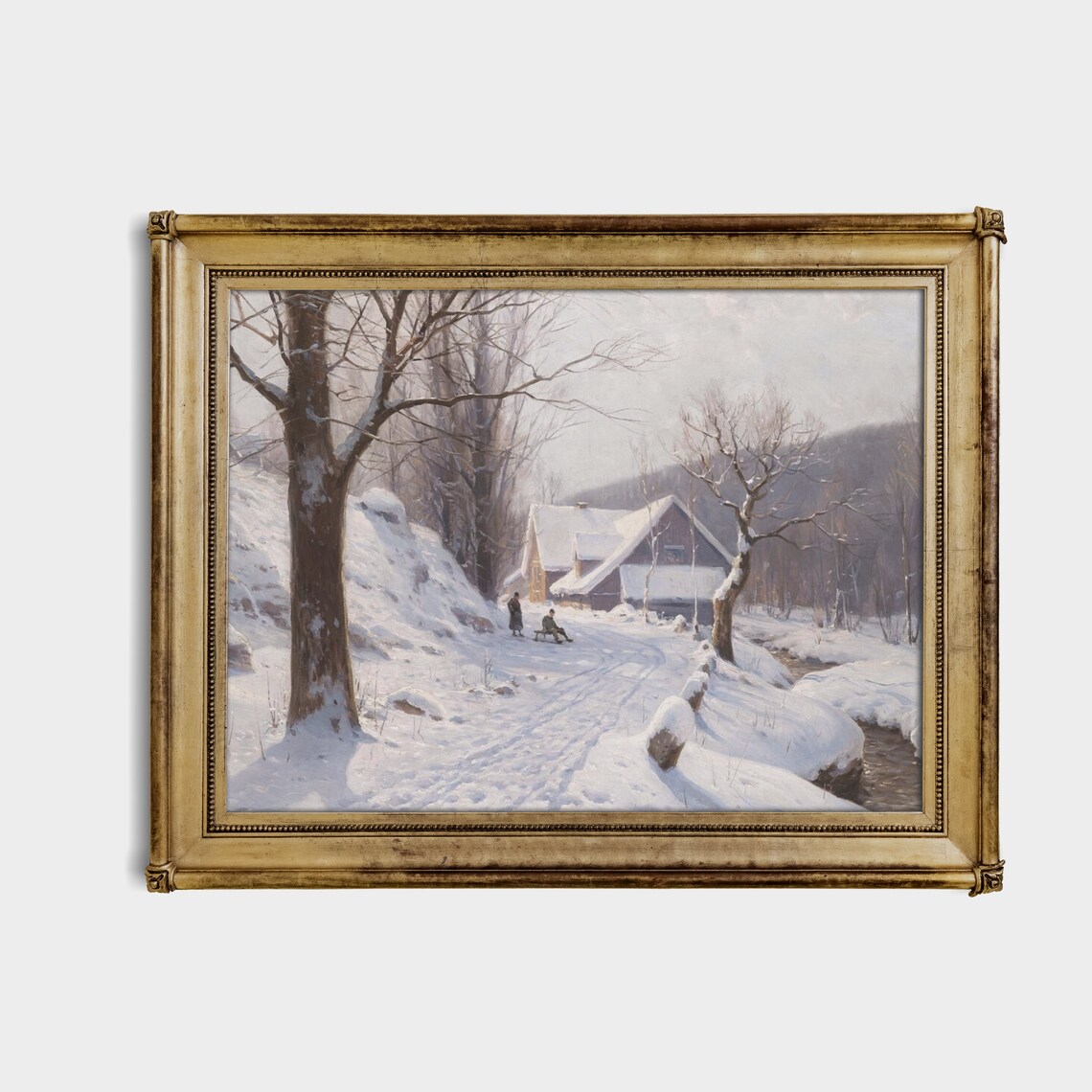 Snowy Cottage Lane with Figures and a Sled Cozy Winter Poster - Image 3