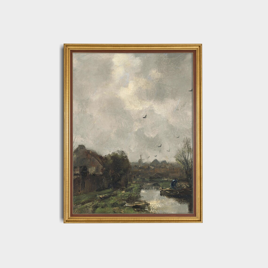 Moody Countryside Cottage Pond Oil Painting with Birds Poster - Image 3
