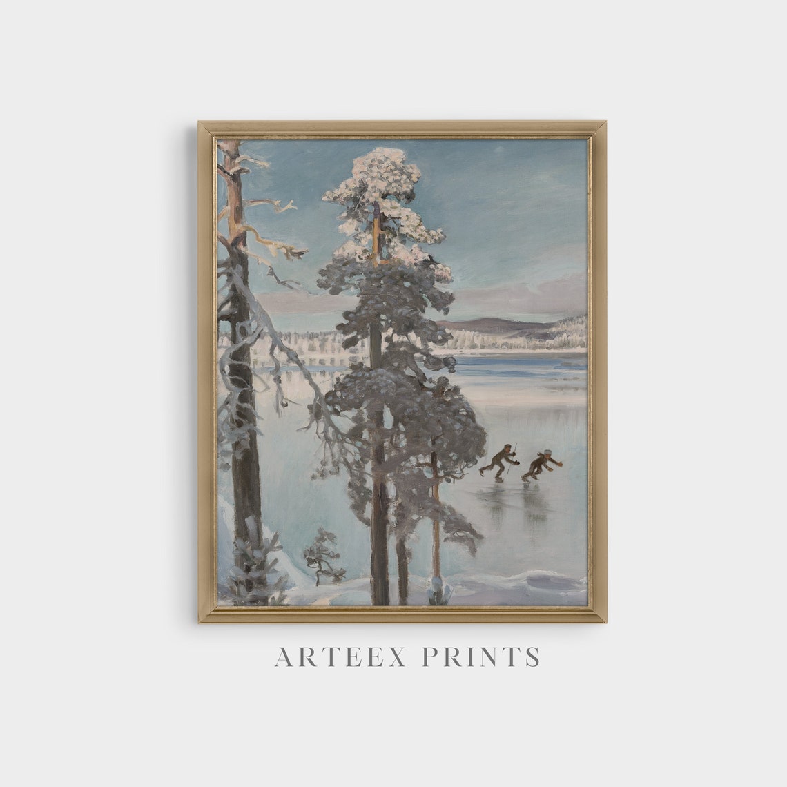 Skaters on a Frozen Lake Among Tall Snowy Pine Trees Forest Poster - Image 4
