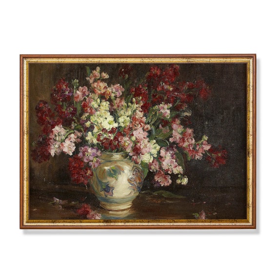 Printed And Shipped Vintage Still Life With Flowers Antique Floral Painting Moody Rustic Print Farmhouse Decor Physical Art Print