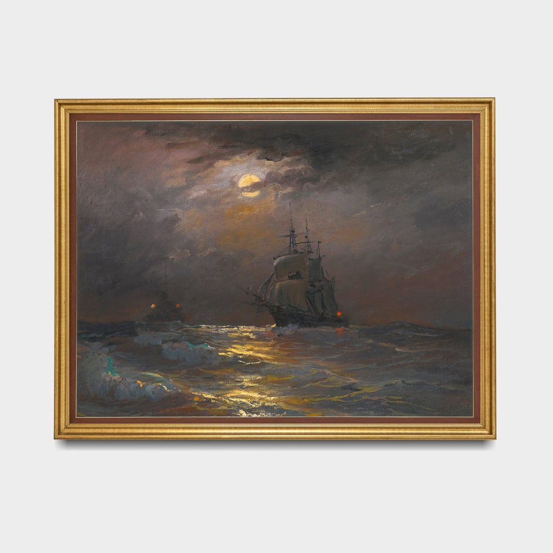 Sailing Ship Under Moonlight On Stormy Sea Vintage Nautical Poster - Image 3