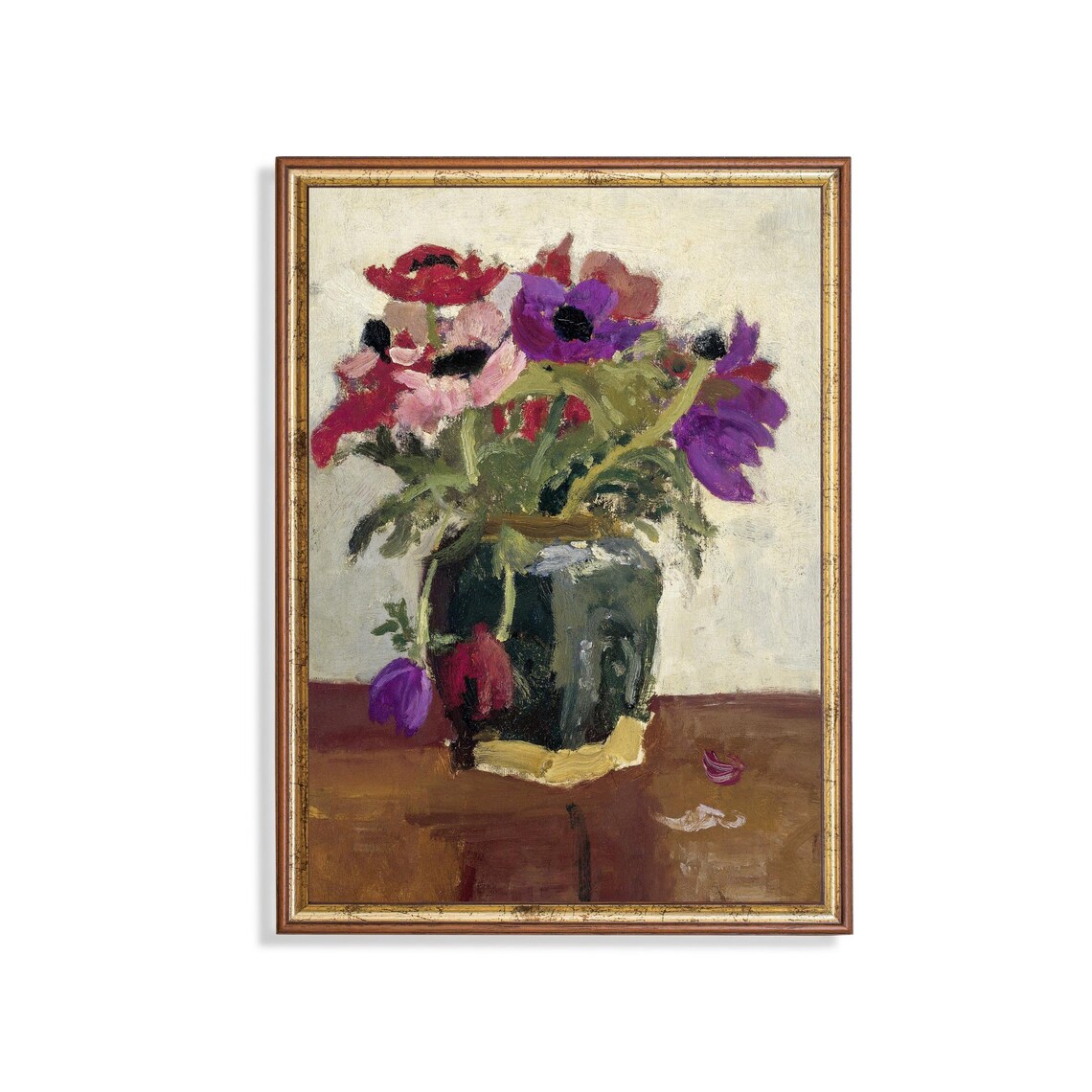 Red Purple Anemones Vase Still Life Vintage Floral Art Poster