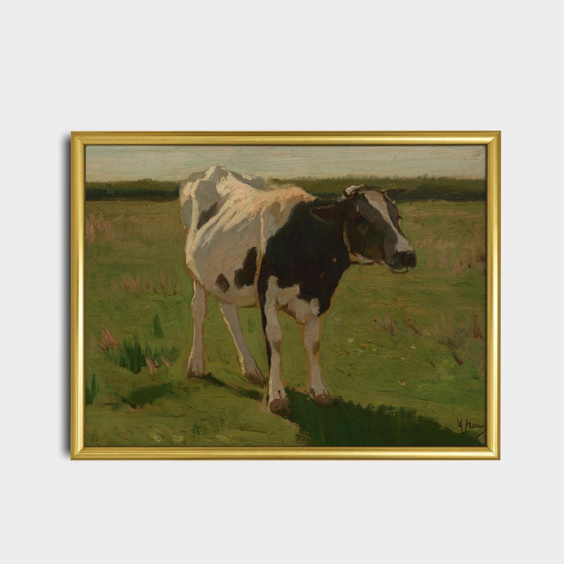 Black and White Cow Grazing in a Green Pasture Vintage Poster - Image 2