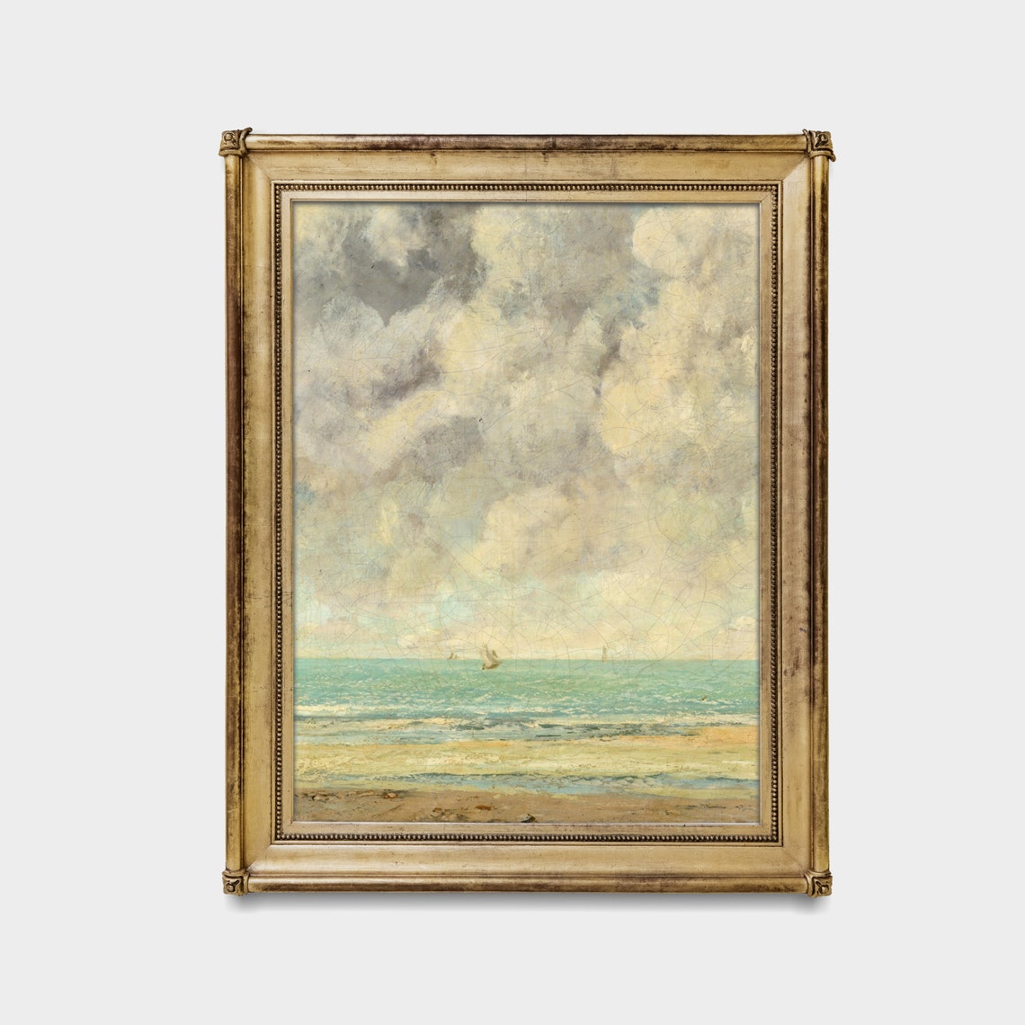 Cloudy Sky over Turquoise Sea Beach Vintage Seascape Painting Poster - Image 3