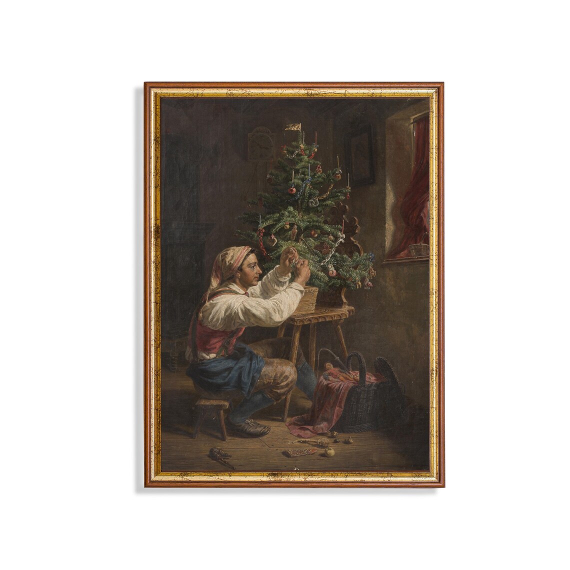 Vintage Christmas Tree Decorating Art Print, Antique Moody