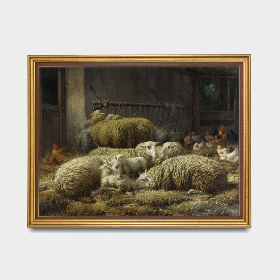 Sheep and Lambs Resting in a Barn With Chickens Vintage Poster - Image 4