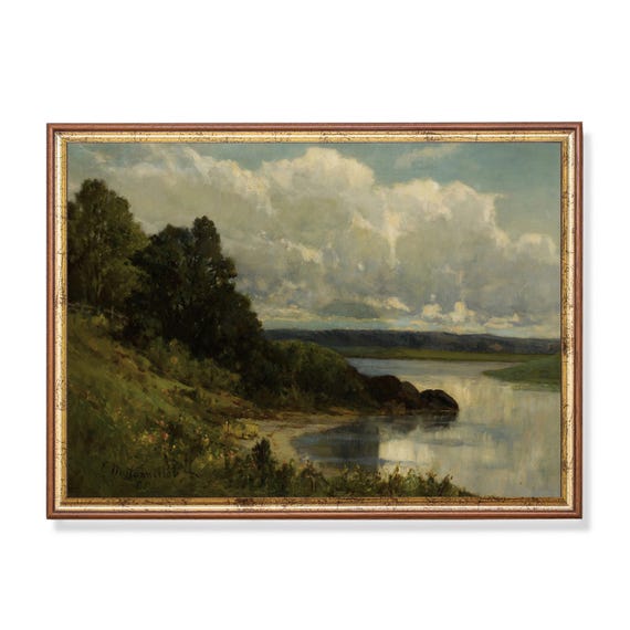 Mailed Print River Landscape Painting Vintage Wall Art Antique Country Scenery Moody Rustic Artwork Farmhouse Decor Fine Art