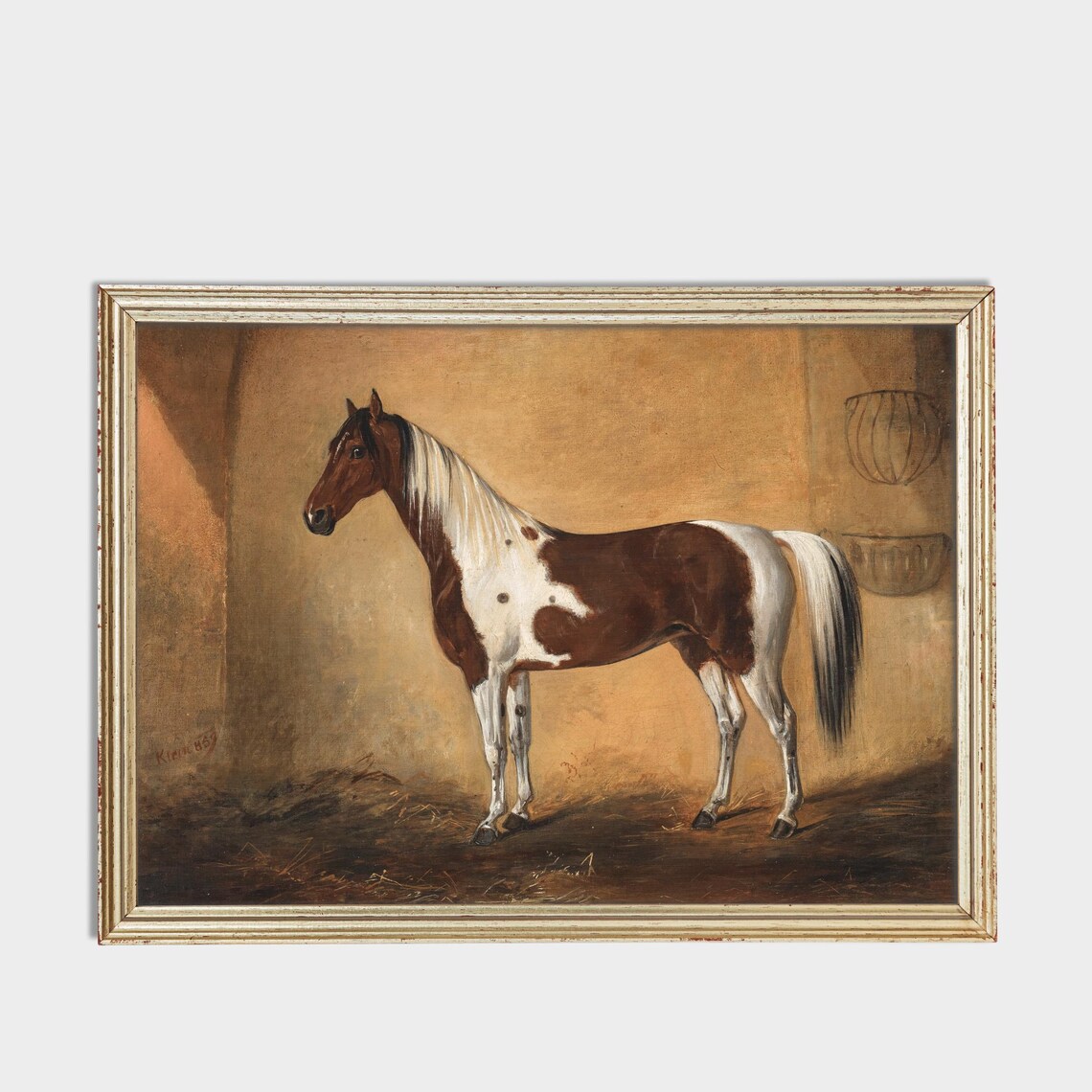 Brown and White Pinto Horse Standing in a Stable Vintage Poster - Image 3