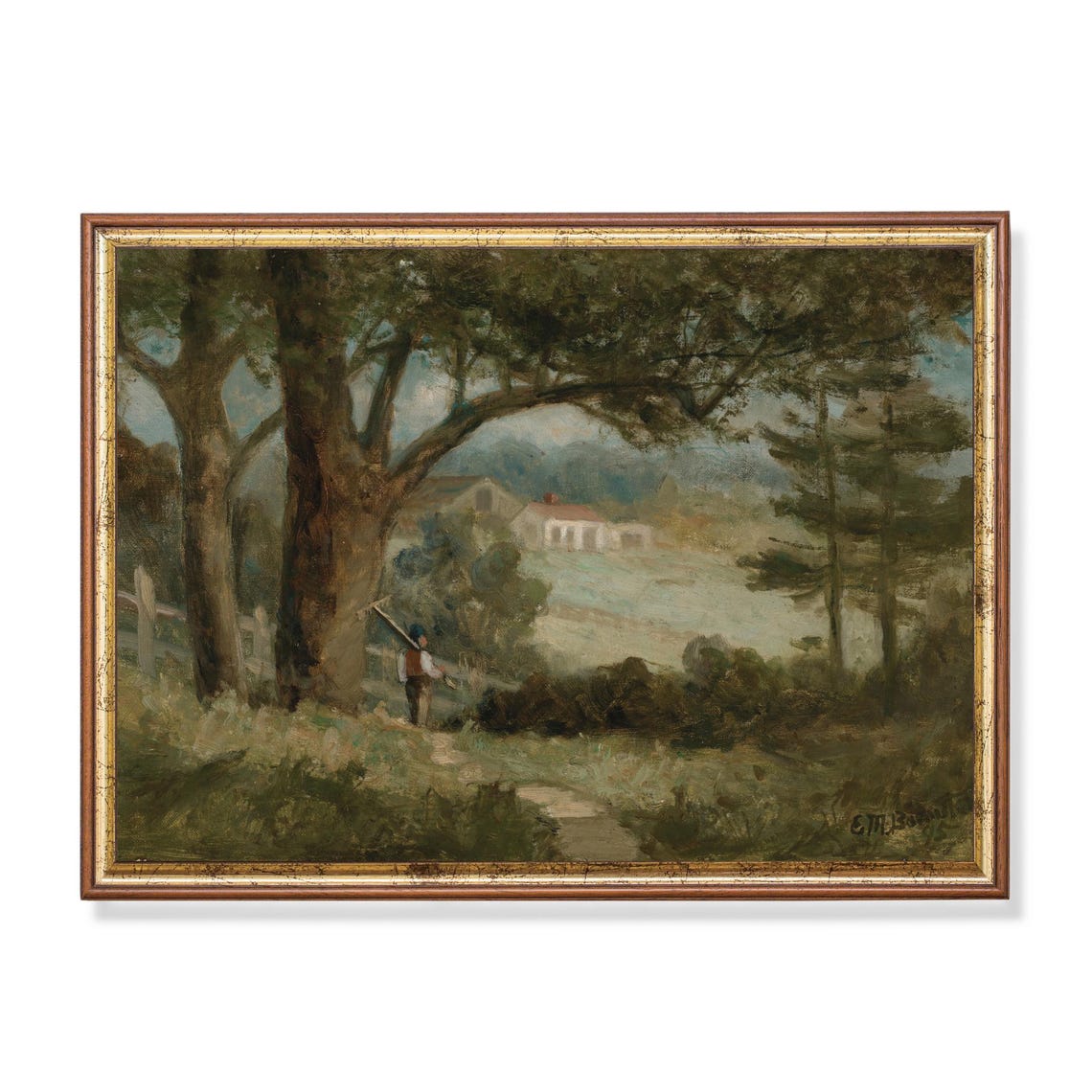 Farmer on Path to Farmhouse Through Tall Trees Vintage Poster