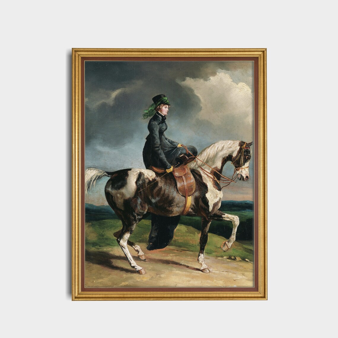 Woman in Riding Habit on a Piebald Horse Beneath Storm Clouds Poster - Image 3