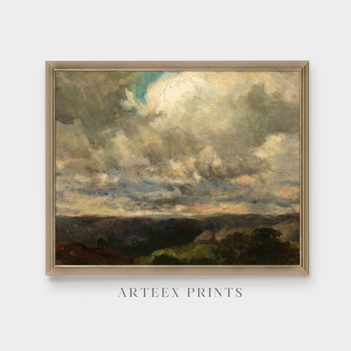 Dramatic Cloudy Sky Over Dark Hills Vintage Oil Painting Poster - Image 5