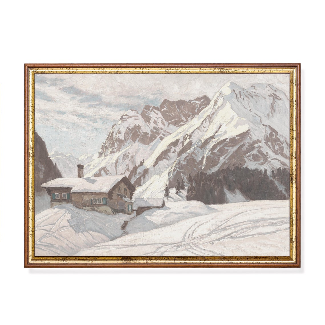 Alpine Chalet in Deep Snow Beneath Towering Snowy Peaks Poster