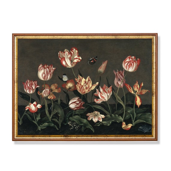 Vintage Still Life With Tulips Antique Floral Print Moody Rustic Flower Print Wall Art Farmhouse Decor