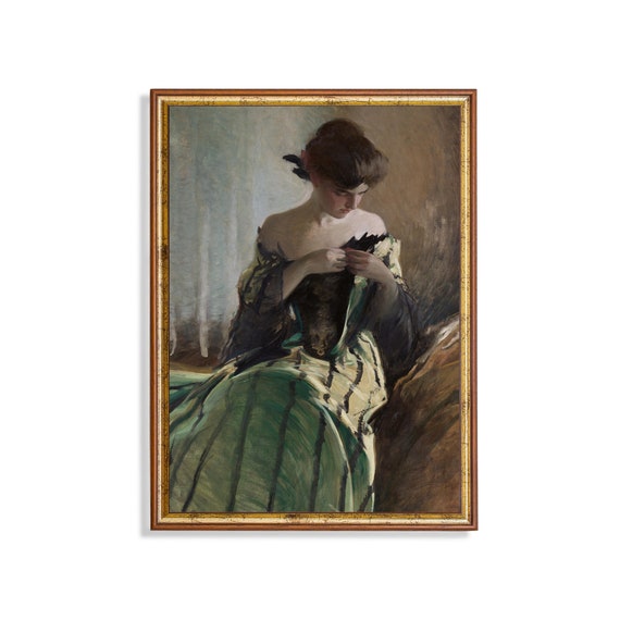 Vintage Portrait Painting Antique Woman Portrait Moody Rustic Print Wall Art 18th Century Fine Art