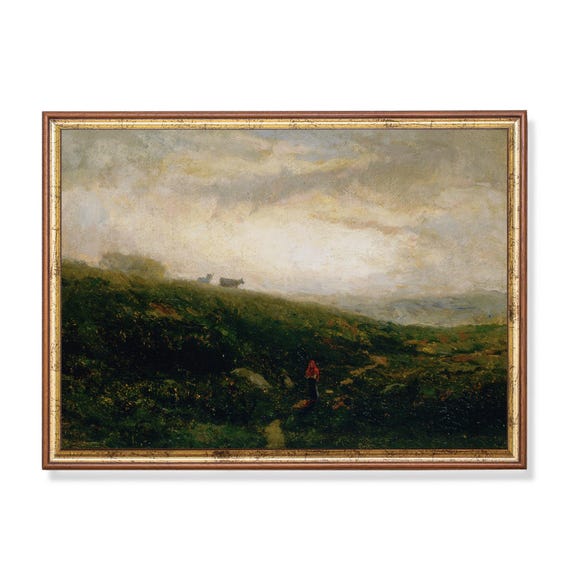 Printed And Shipped Landscape Painting Vintage Moody Rustic Print Antique Nature Print Farmhouse Decor Cows In The Hill