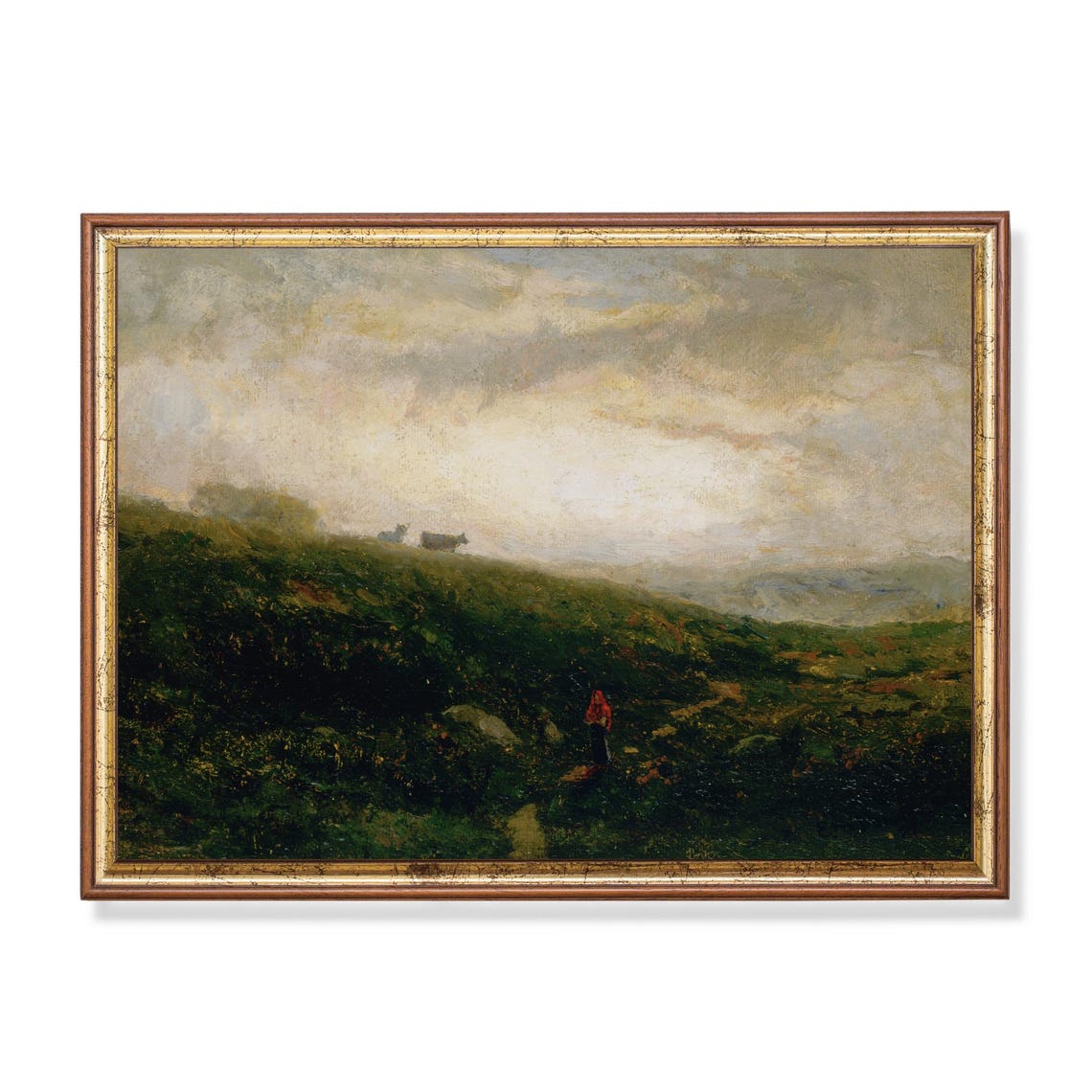 Misty Morning Cattle Grazing on Green Hills Antique Landscape Poster