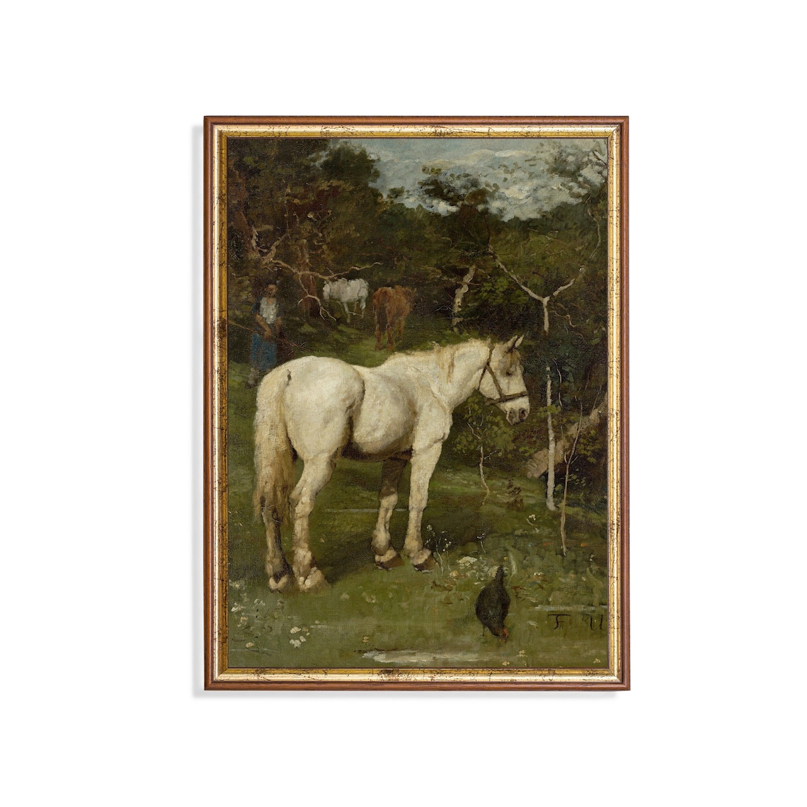 White Horse in a Shady Woodland Meadow Vintage Painting Poster