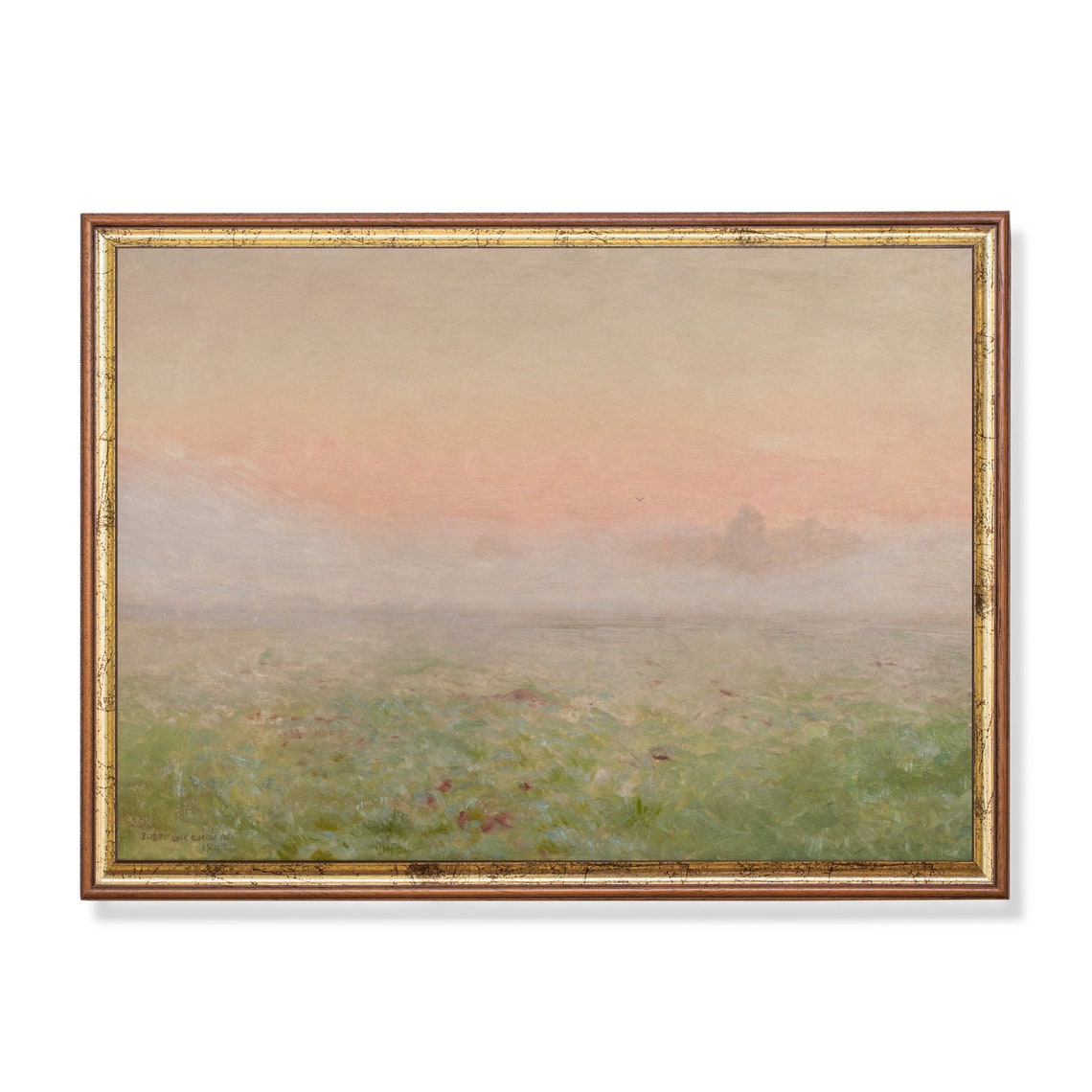 Misty Meadow at Dawn Pink Sky Vintage Impressionist Landscape Poster
