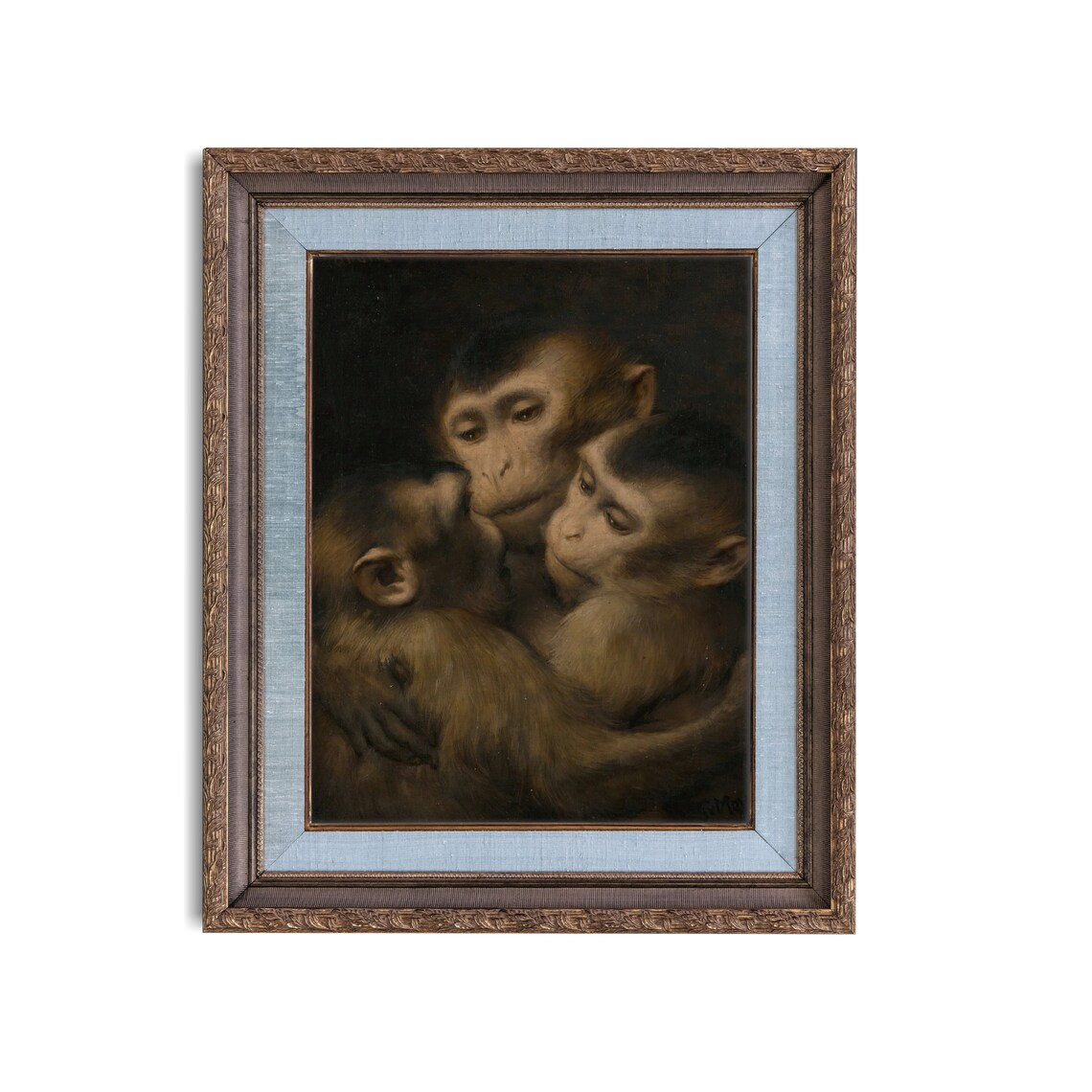 Three Monkeys Huddled Together Vintage Dark Animal Painting Poster - Image 3