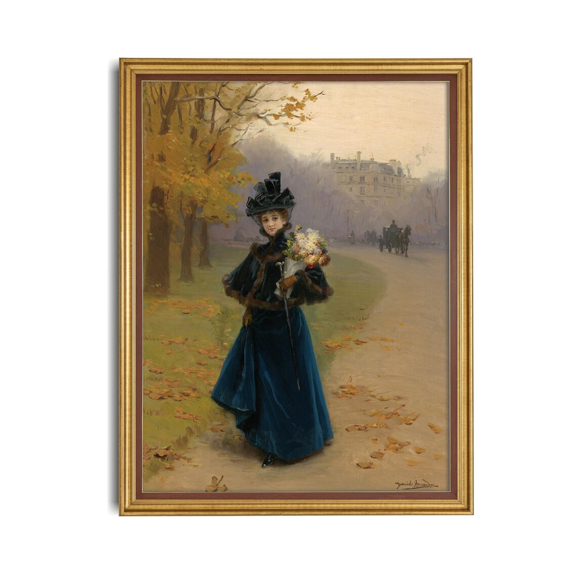 Elegant Lady Blue Velvet Dress Bouquet Autumn Paris Park Art Poster - Image 4