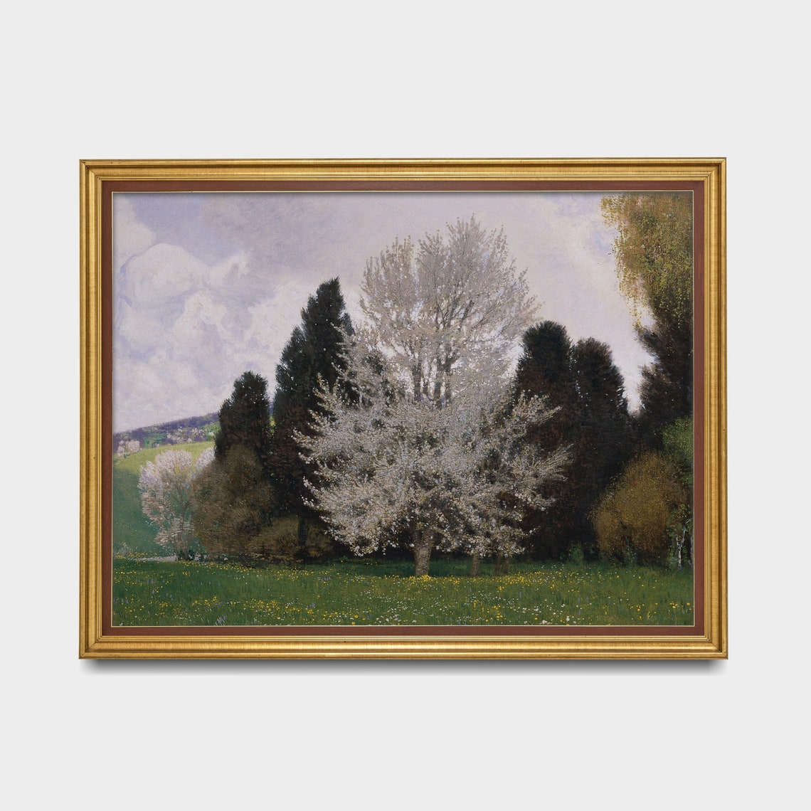 White Blossom Trees in a Spring Meadow Landscape Painting Poster - Image 4