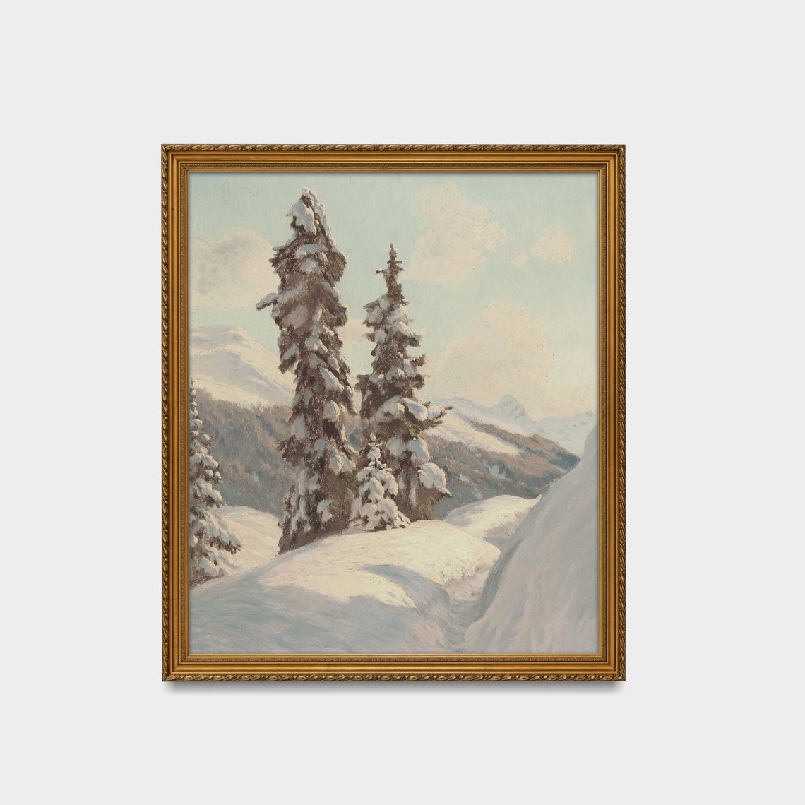 Pine Trees Painting Vintage Wall Art Winter Snowy Landscape Vertical Fine Art Antique Rustic Forest - Image 3