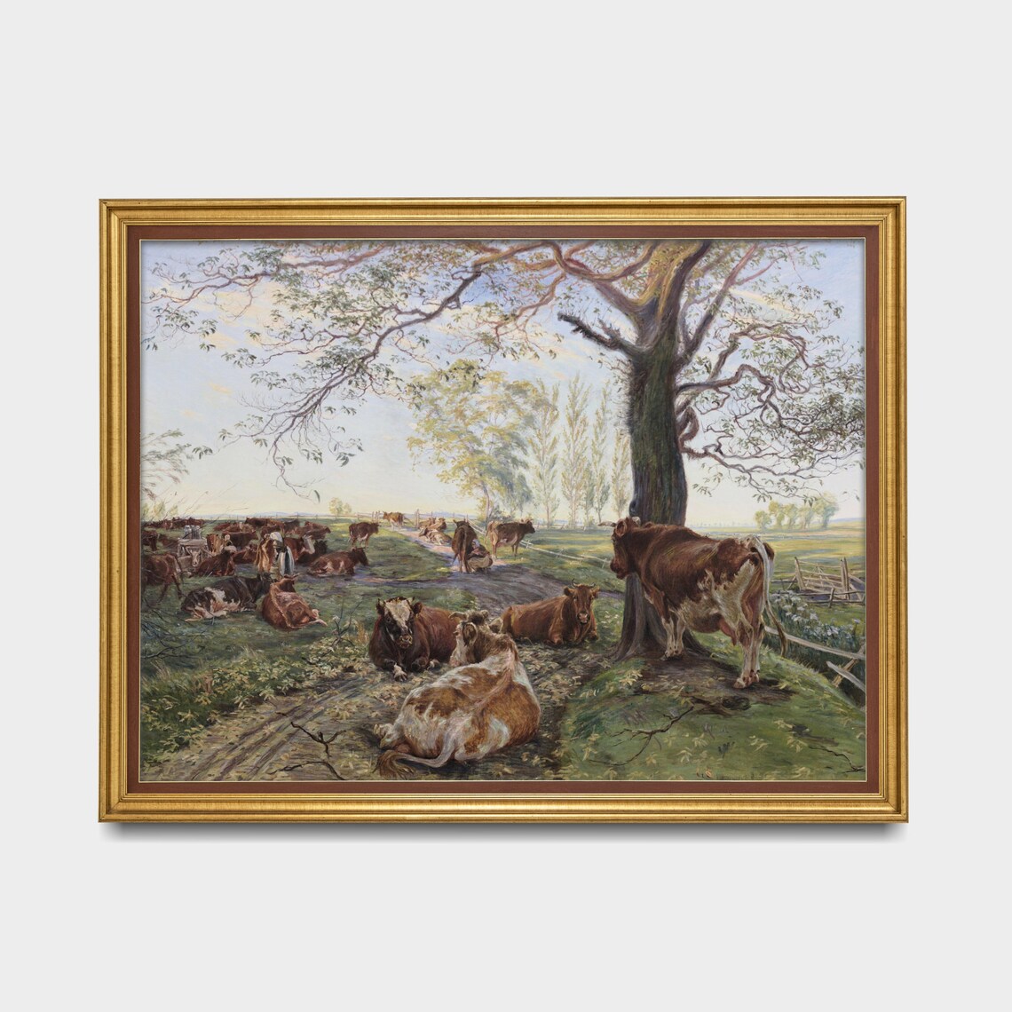 Vintage Cattle Resting Under Tree Painting Farm Pasture Wall Art - Image 5