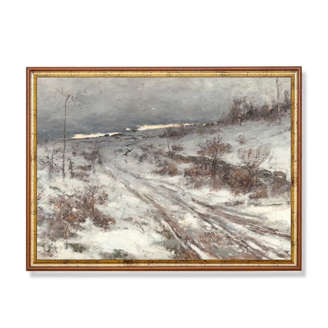 Bleak Snowy Country Road With Birds Vintage Winter Landscape Poster