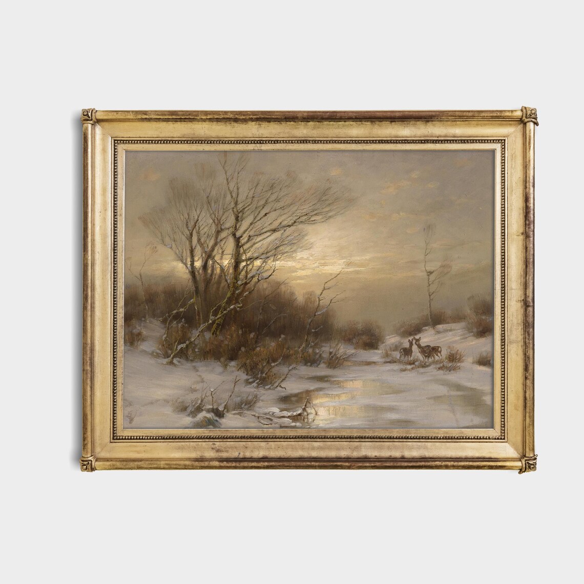 Deer by a Frozen Stream in a Snowy Winter Landscape Vintage Poster - Image 4