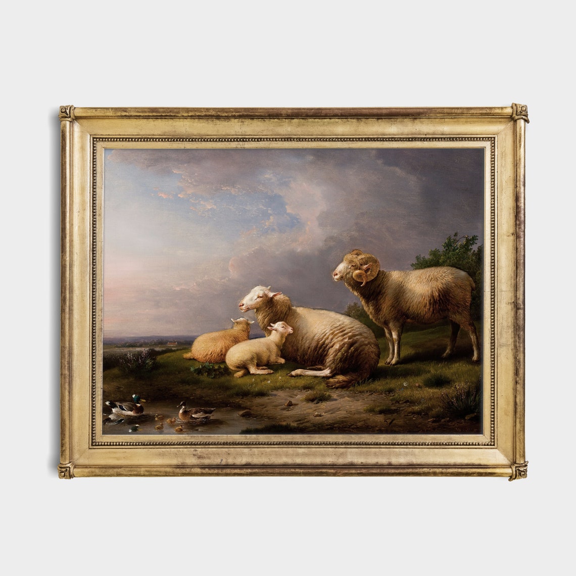 Sheep with Lambs and Ram by a Pond Vintage Pastoral Scene Poster - Image 2