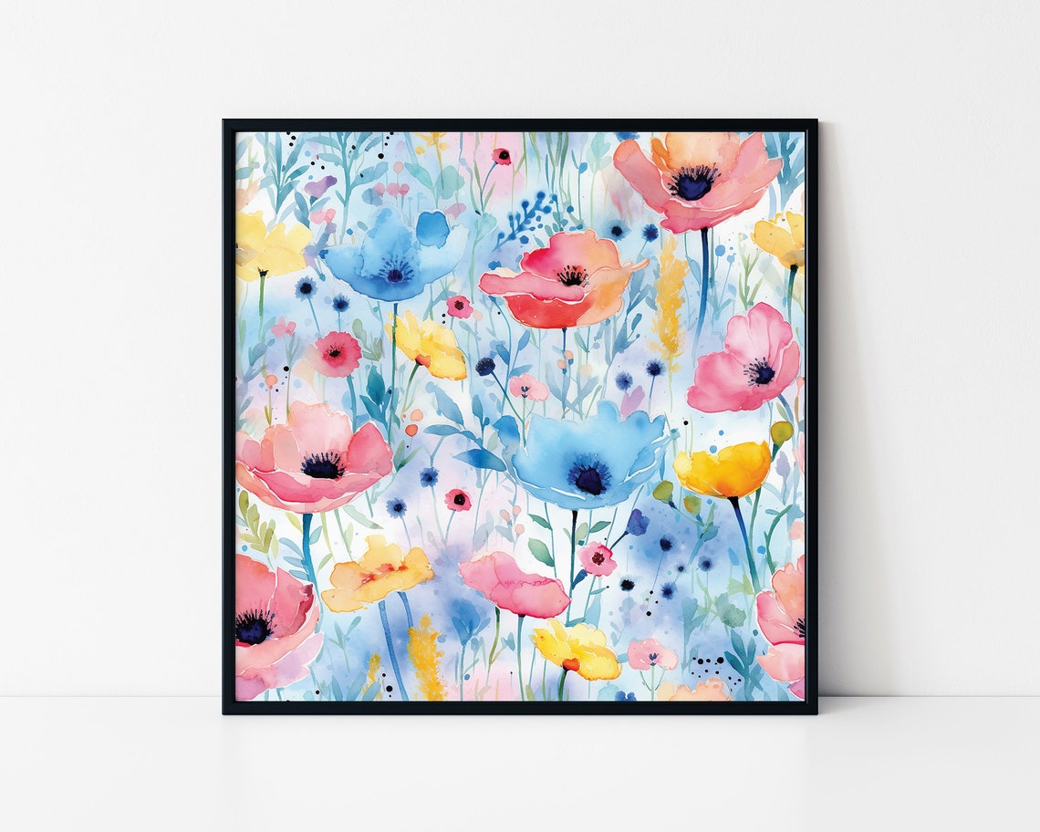 Wildflower Meadow Watercolor Poppies Pastel Spring Floral Poster