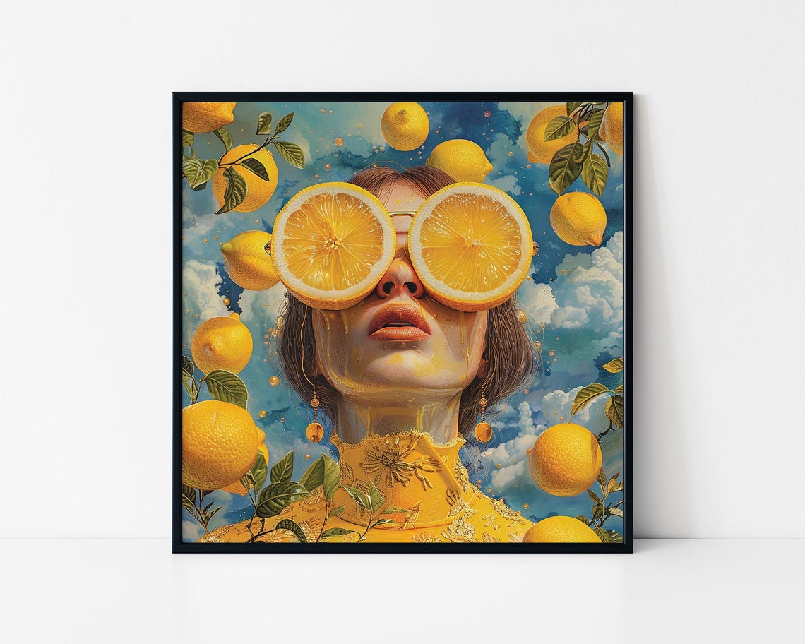 Woman With Lemon Slice Sunglasses Bright Citrus Summer Fun Poster