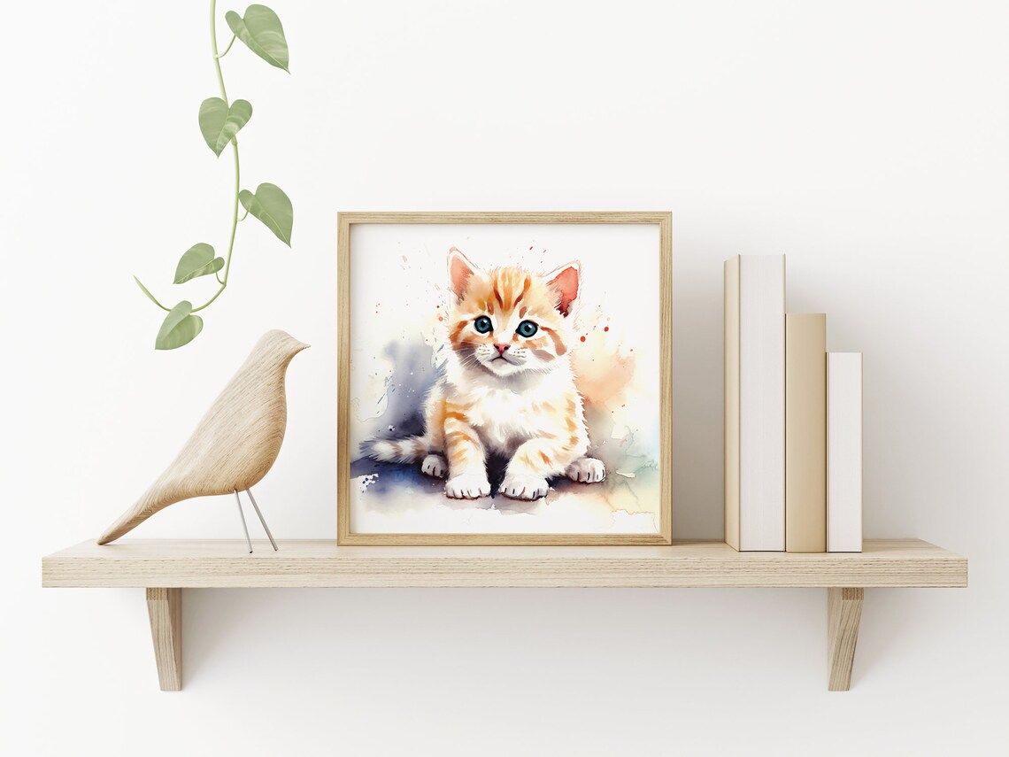 Adorable Ginger Kitten Watercolor Blue Eyes Cute Cat Art Print - Image 3