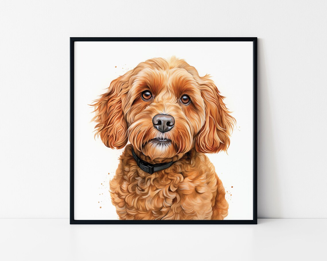 Realistic Watercolor Portrait Of A Red Cockapoo Dog Framed Poster Dog Lovers Poster Cute Cockapoo Dog Happy Cockapoo Posrtrait Wall Art