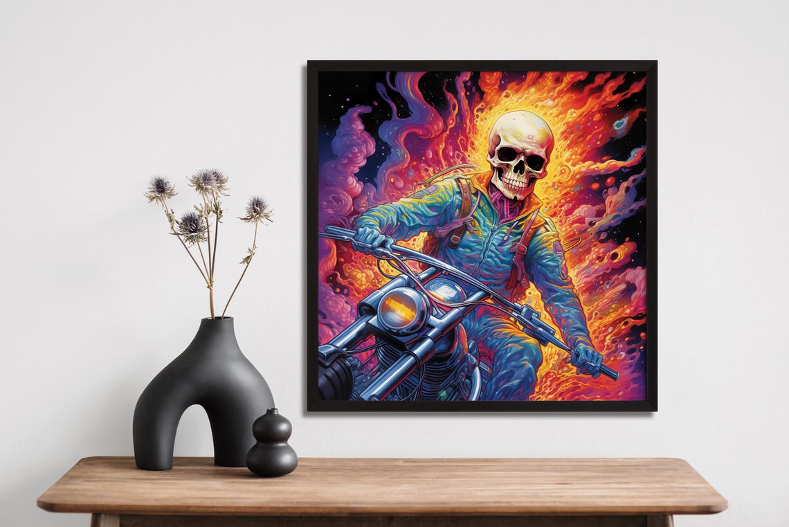 Flaming Skeleton Biker Psychedelic Fire Neon Rider Art Print - Image 2