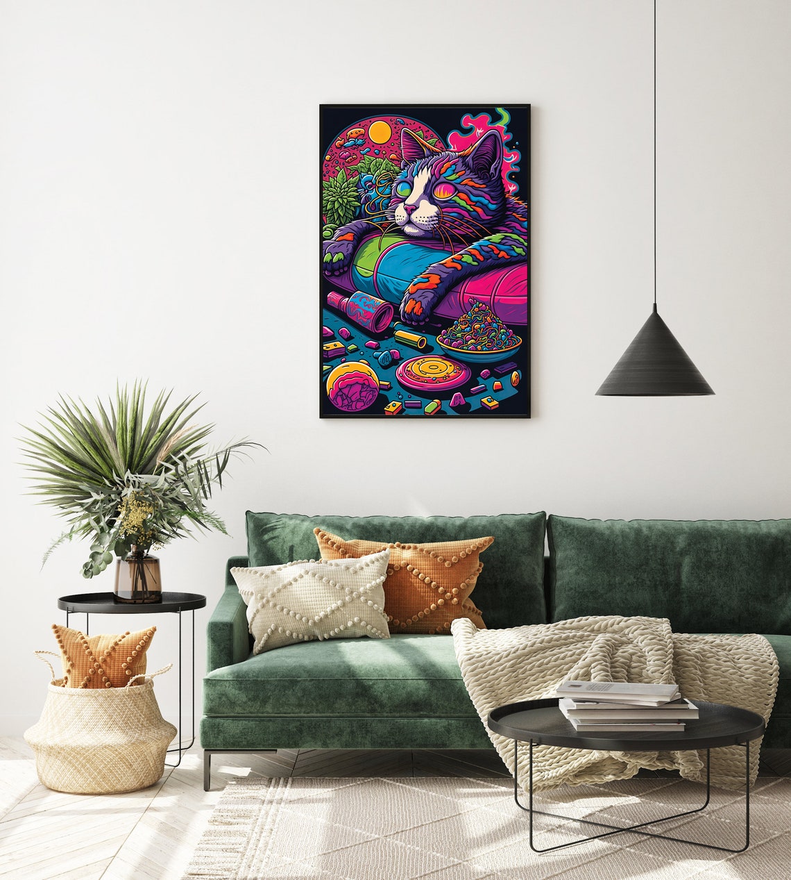 Trippy Relaxed Cat Lounging With Snacks Psychedelic Cat Art Poster - Image 3