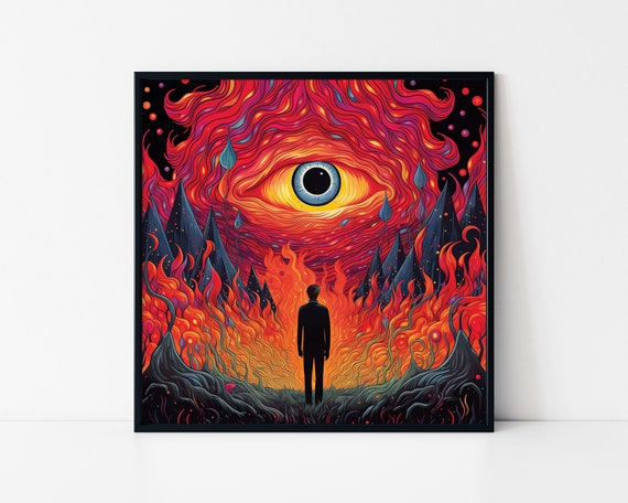 Man Standing In A Burning Psychedelic Forest Framed Poster Burning Eye Psychedelic Poster Psychedelic Wall Art Psychedelic Wildfire