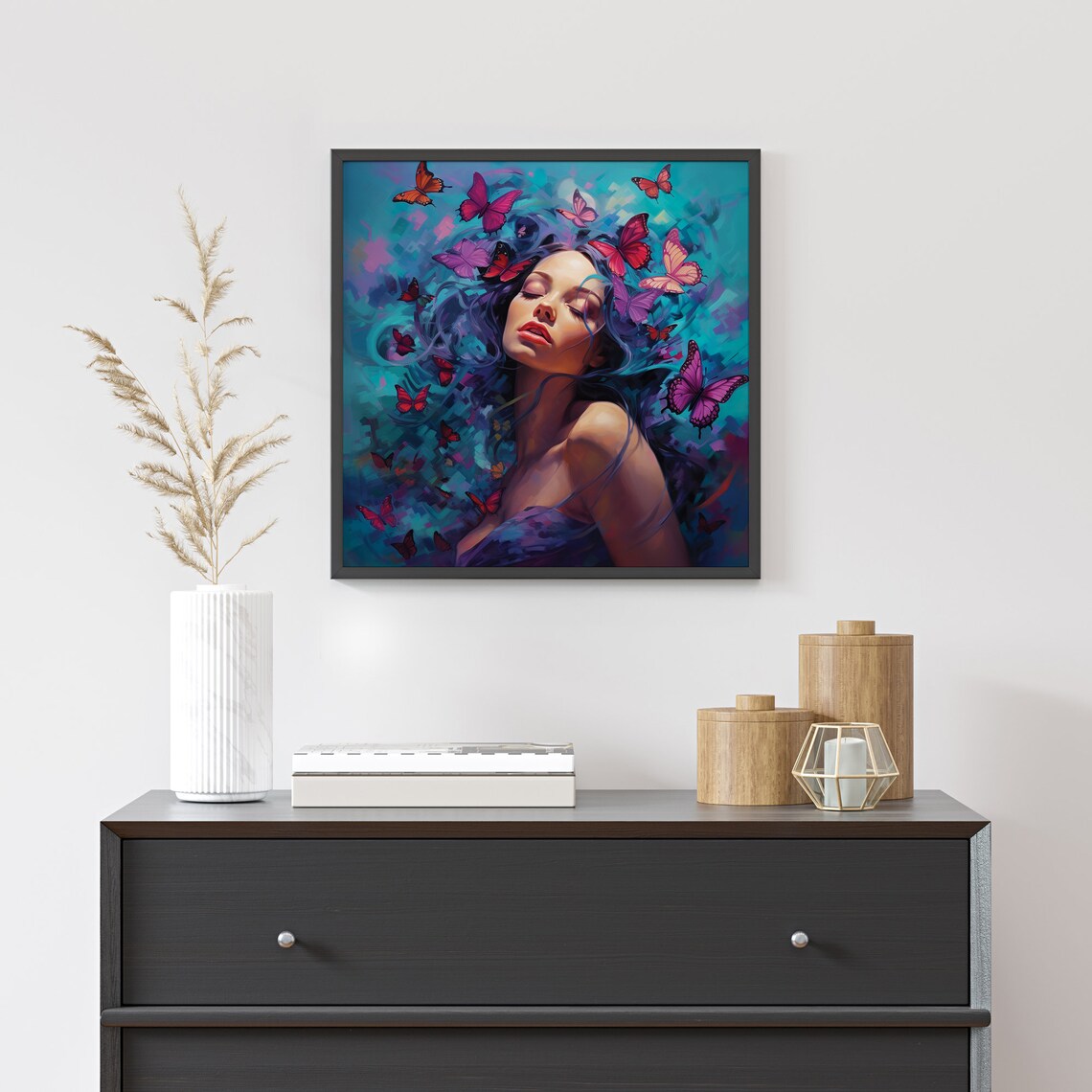 Dreamy Woman Butterflies Surrounding Hair Ethereal Teal Beauty Poster - Image 5