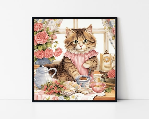 Kitten Tea Party Pink Dress Cute Tabby Cat Afternoon Tea Poster