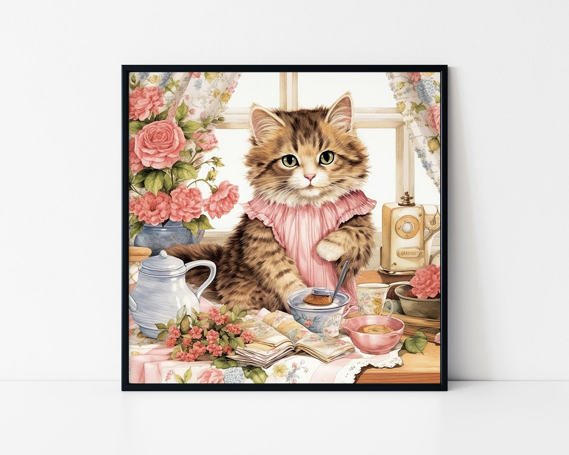 Kitten Tea Party Pink Dress Cute Tabby Cat Afternoon Tea Poster