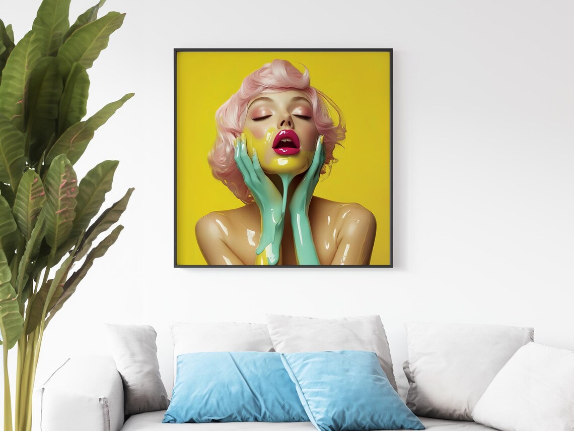 Pop Art Woman Pink Hair Yellow Paint Glossy Modern Fashion Poster - Image 5
