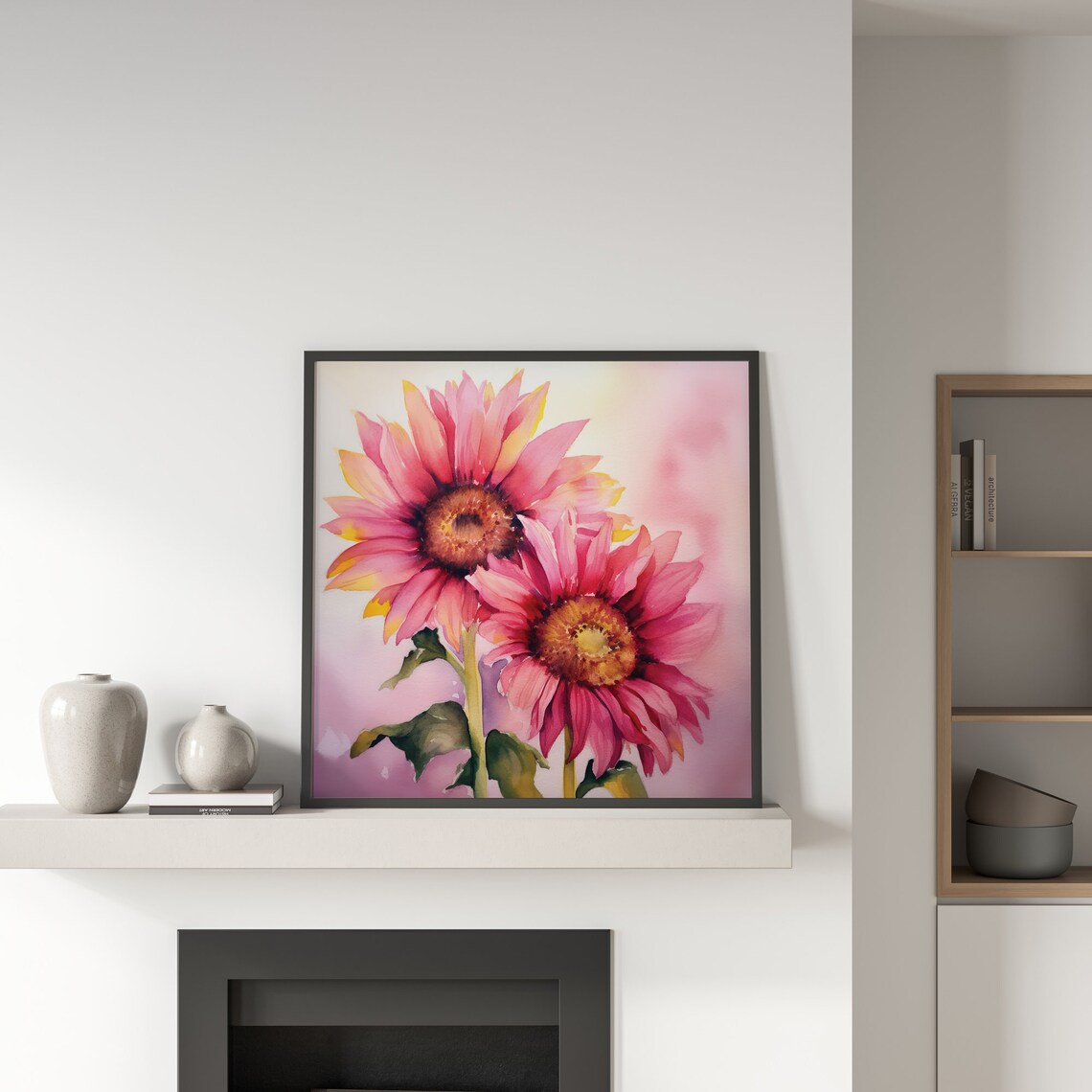 Pink Sunflowers Watercolor Pair Soft Floral Blossom Art Poster - Image 4